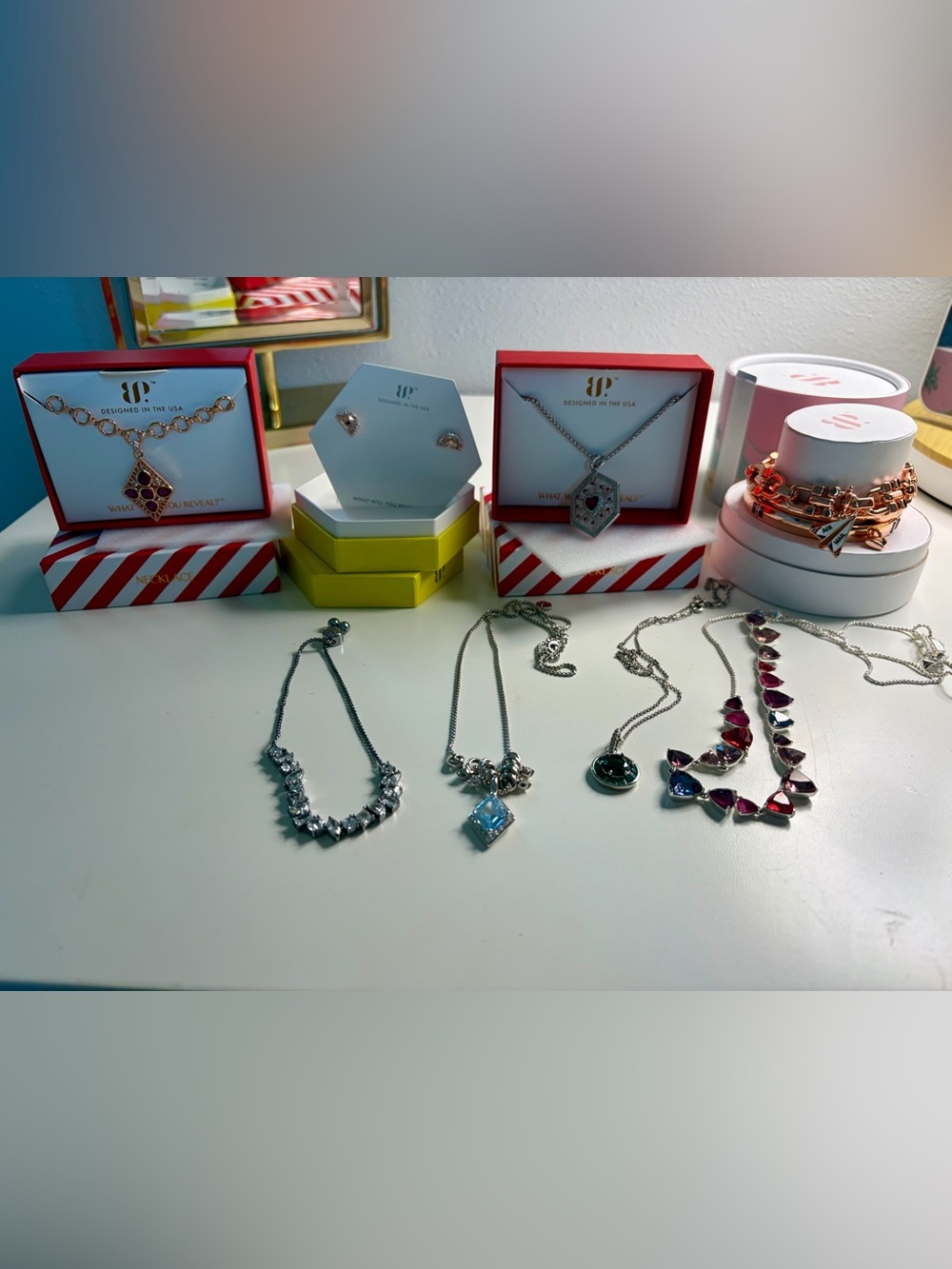 Bomb party jewelry lot. July 2026 necklace hearts on fire,